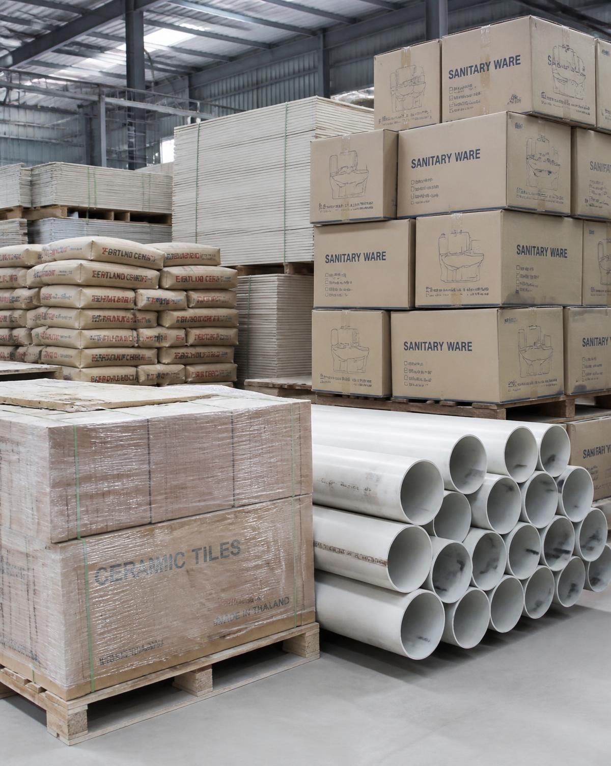 Pallets of ceramic tiles, cement bags and PVC pipes in a warehouse