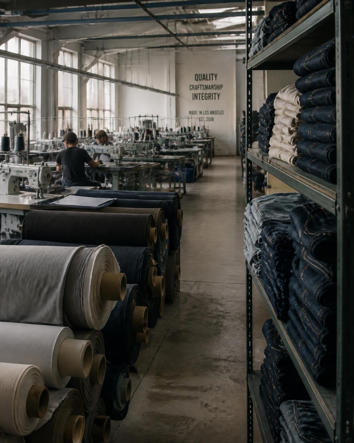 Fabric rolls and folded garments inside a textile factory