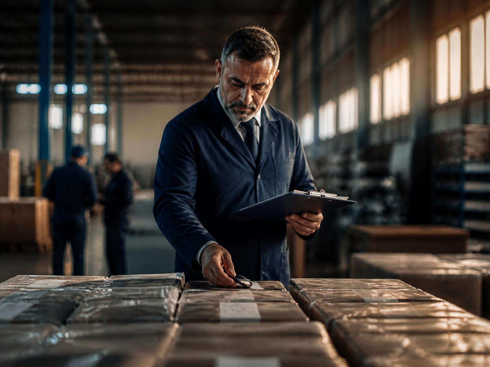 Inspector checking packaged goods before shipment
